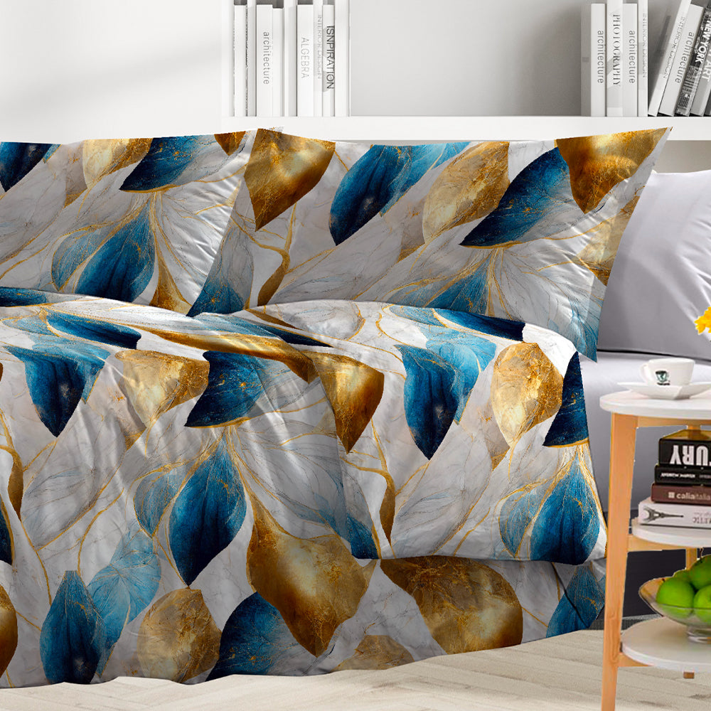 Maxi double bed sheets in gold and blue leaf patterned cotton satin