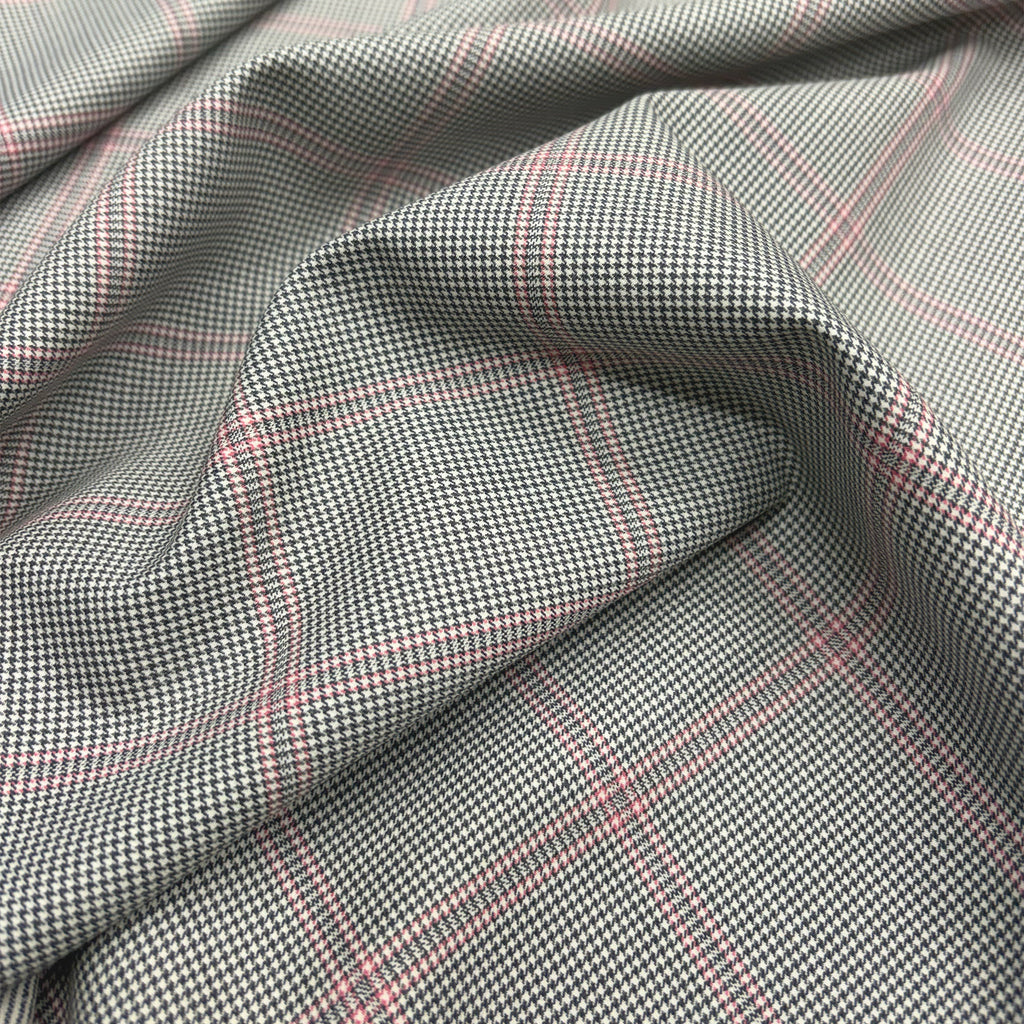 micro pie poule bianco nero con overcheck rosa