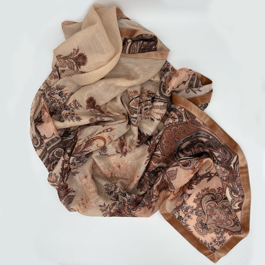 scialle in seta cashmere e lana con bordo in velluto / fantasia dries van noten