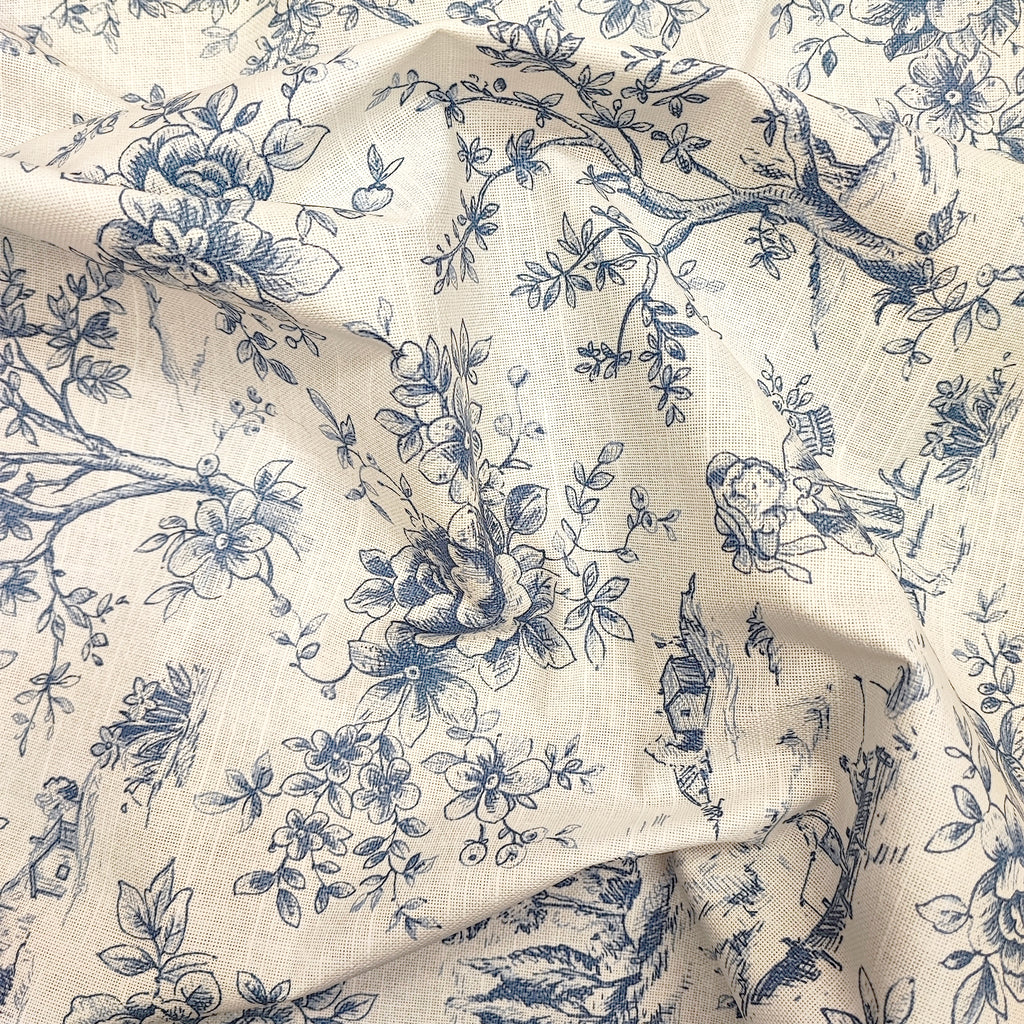 Stain-resistant resinated cotton for tablecloth / toile de jouy pattern