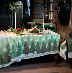 Tessitura Toscana Telerie tovaglia in puro lino fantasia natalizia con alberi di natale