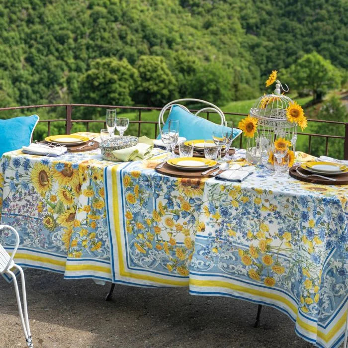 Tuscan weaving pure linen tablecloth with sunflower pattern